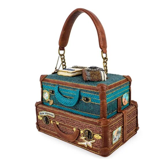 Mary Frances Baggage Claim Beaded Suitcase Handbag Brown Blue Bag Tour Purse NEW - Picture 1 of 9